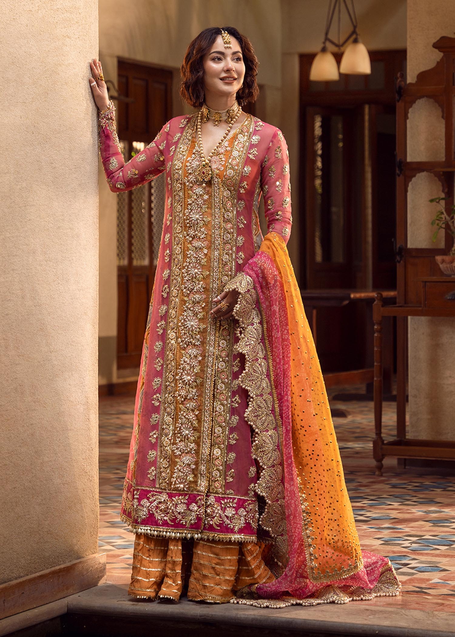 Mehndi Galore pakistani fashion outfit in gold, mustard, orange, pink…